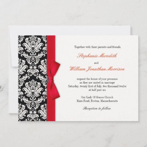 Damask With Red Bow Wedding Invitation