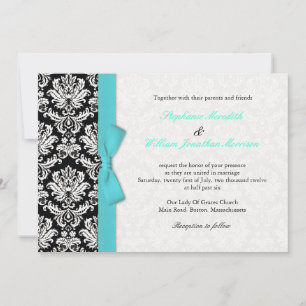 Damask With Turquoise Bow Wedding Invitation