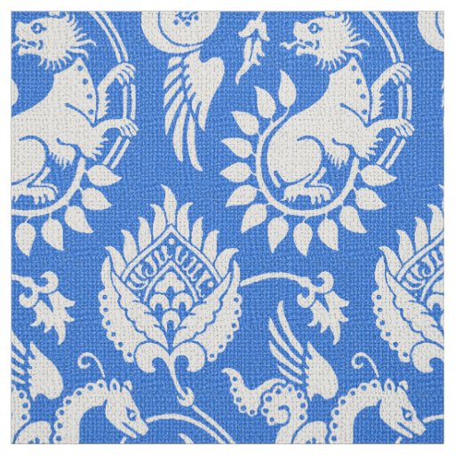Damask with Winged Serpents, White on Medium Blue Fabric