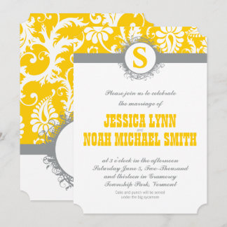Damask Yellow Gray Monogram Wedding Invite