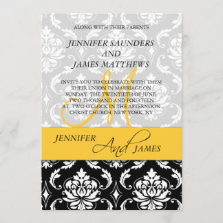 Damask Yellow Monogram Names Wedding Invitation