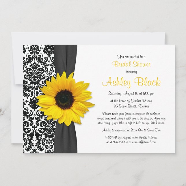 Damask Yellow Sunflower Recipe Bridal Shower Invitation (Front)