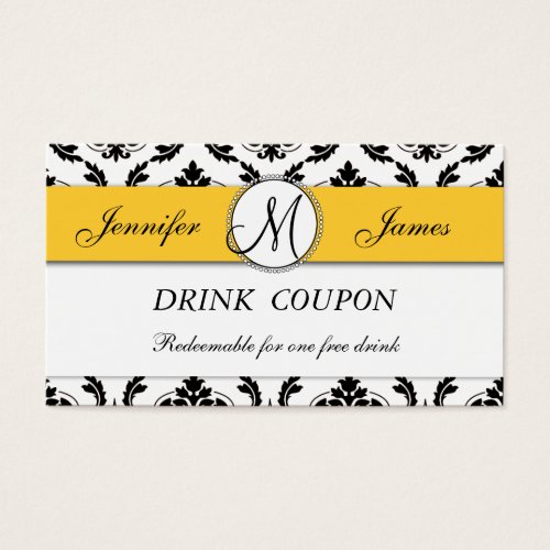 Damask Yellow Wedding Free Drink Coupon Card Business Card