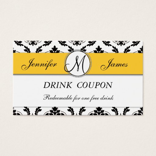 Customizable Damask Yellow Wedding Free Drink Coupon Card Business Card