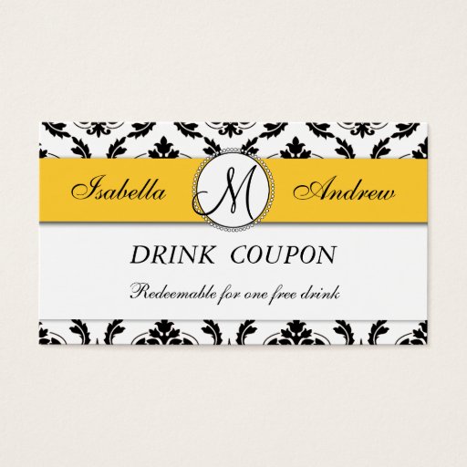 Customizable Damask Yellow Wedding Free Drink Coupon Card Business Card Templates