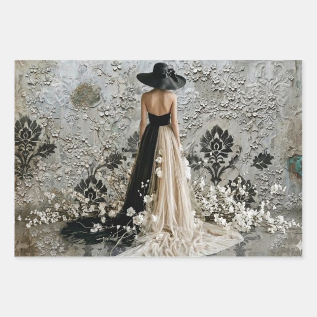 Dame en Noir Damask Decoupage  Wrapping Paper Sheets (Front)