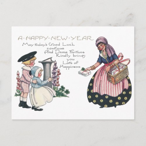 Dame Fortune Bringing Gifts Vintage New Year Holiday Postcard