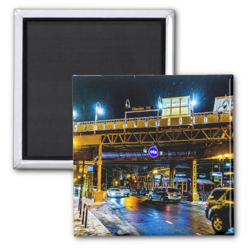 Damen CTA Station at Night Magnet