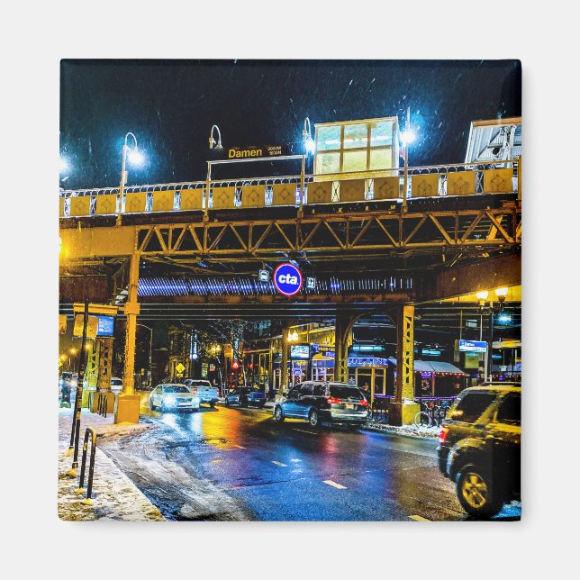 Damen CTA Station at Night Magnet (Front)