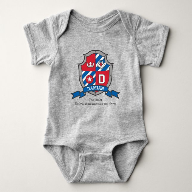 Damien boys D name meaning knights shield bird Baby Bodysuit (Front)