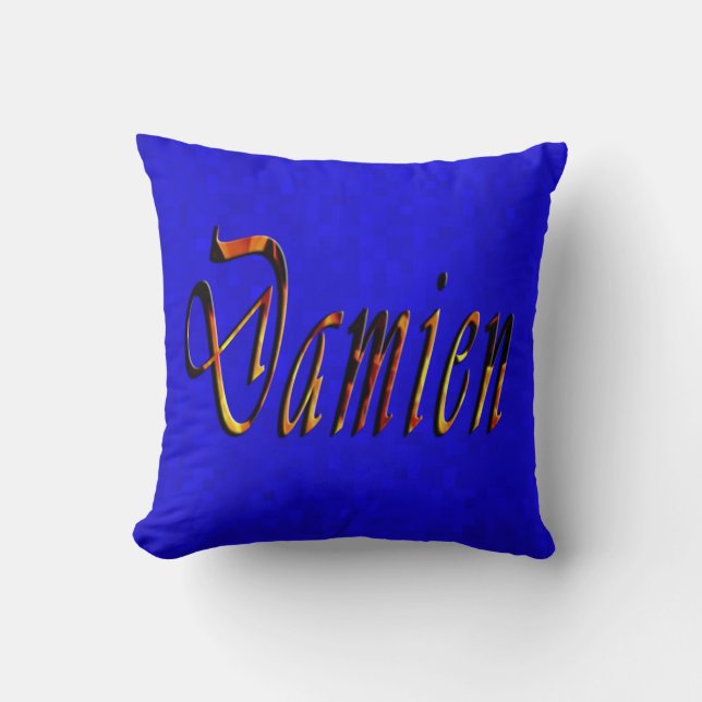 Damien Name Logo On Hot Blue Mosaic, Throw Pillow (Front)