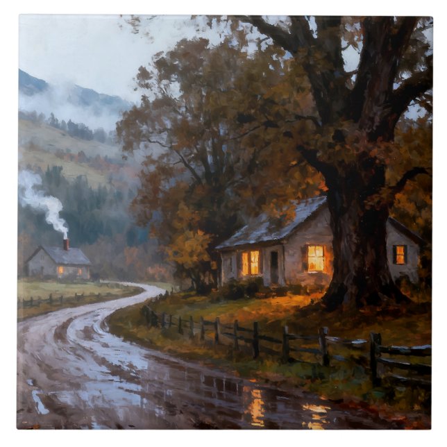 Damp Autumn Evening, Cozy House Ceramic Tile (Front)