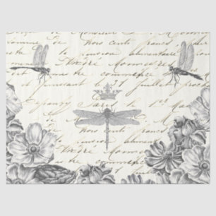 Damselflies in waiting floral 1800s French Script Tissue Paper