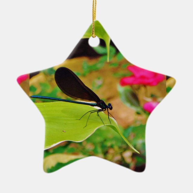 Damselfly and Rose Ceramic Ornament (Front)