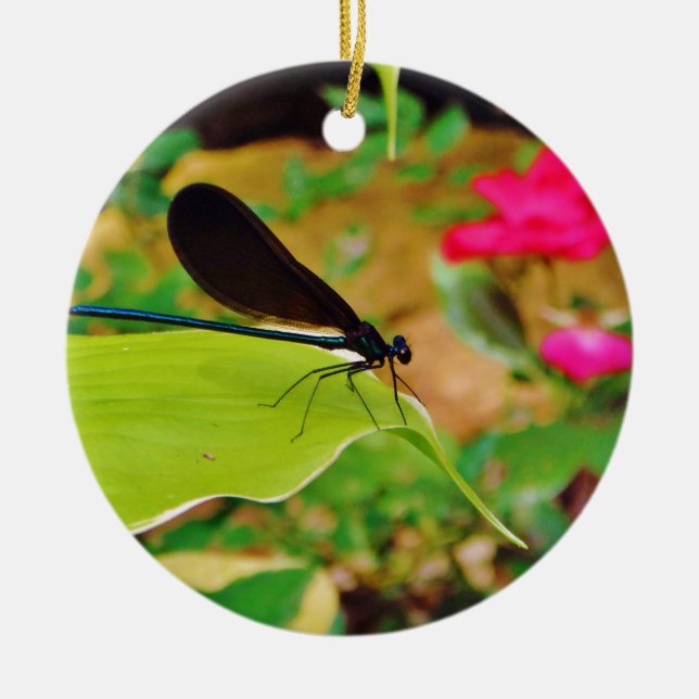 Damselfly and Rose Ceramic Ornament (Front)