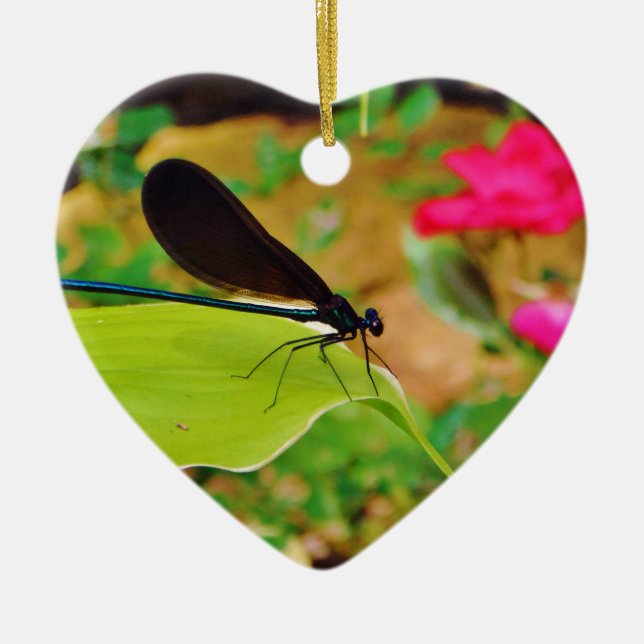 Damselfly and Rose Ceramic Ornament (Front)