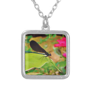 Damselfly and Rose Silver Plated Necklace