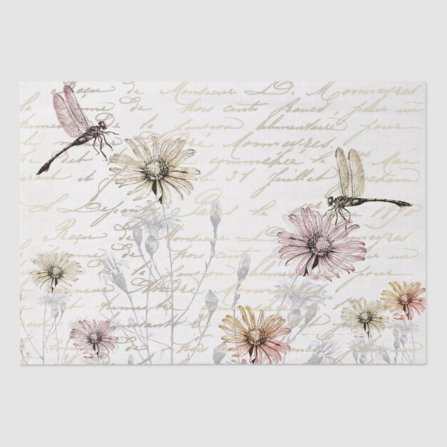 Damselfly Dancers French Script Meadow Decoupage Tissue Paper (Front)