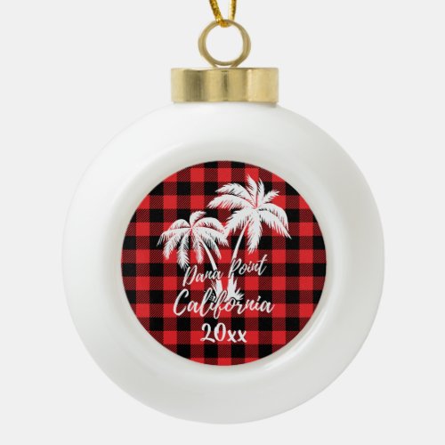 Dana Point California Beach Palm Tree Red Plaid Ceramic Ball Christmas Ornament