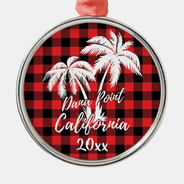 Dana Point California Beach Palm Tree Red Plaid Metal Ornament (Front)
