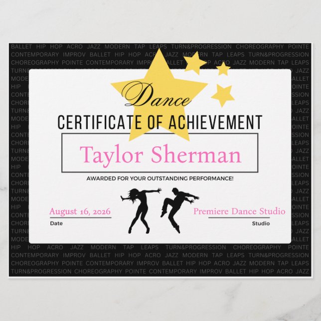 Dance Achievement Certificate Recital Award Stars Letterhead (Front)