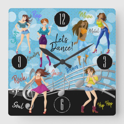 Dance All Night Music Girl Design Square Wall Clock