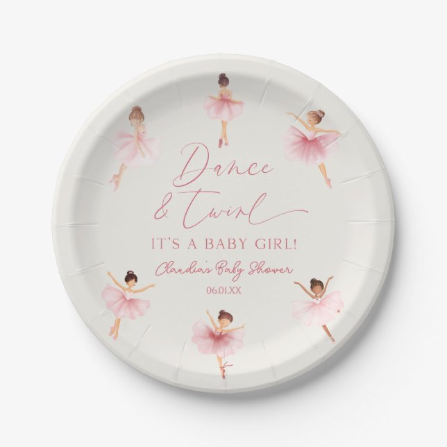 Dance and Twirl Ballerina Pink Ballet Baby Shower Paper Plates (Front)