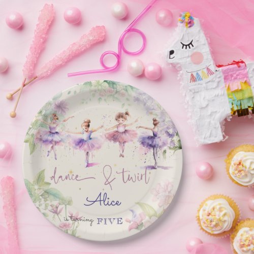 Dance and twirl ballerina watercolor birthday paper plates