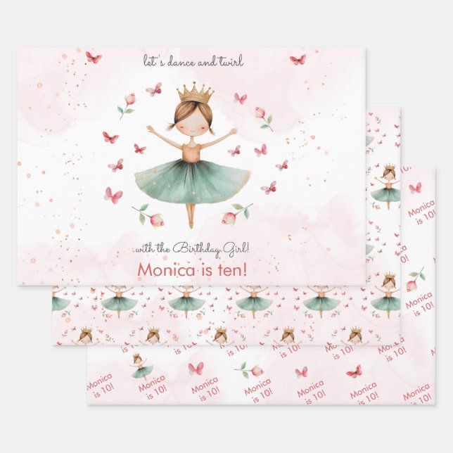 Dance and twirl cute ballerina ballet kid birthday wrapping paper sheets (Set)