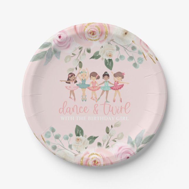 Dance and Twirl Floral Ballet Birthday Paper Plates (Front)