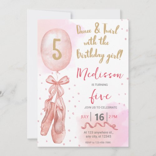 Dance and Twirl Pink girl Ballet Shoes Birthday Invitation