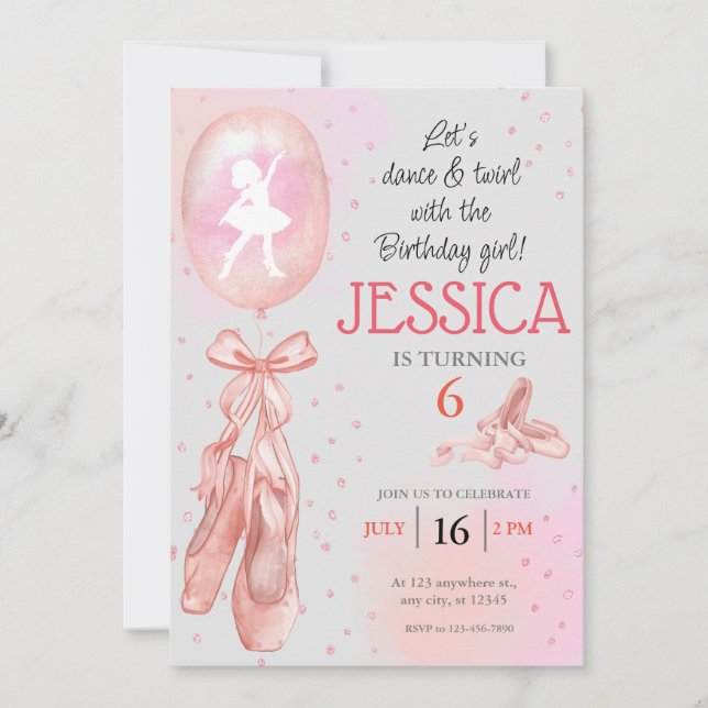 Dance and Twirl Pink girl Ballet Shoes Birthday Invitation (Front)