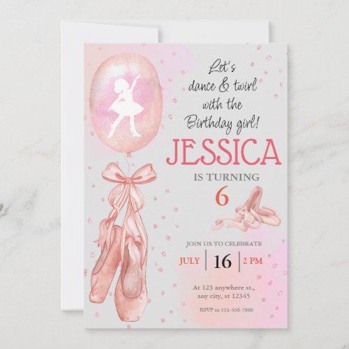 Dance and Twirl Pink girl Ballet Shoes Birthday Invitation
