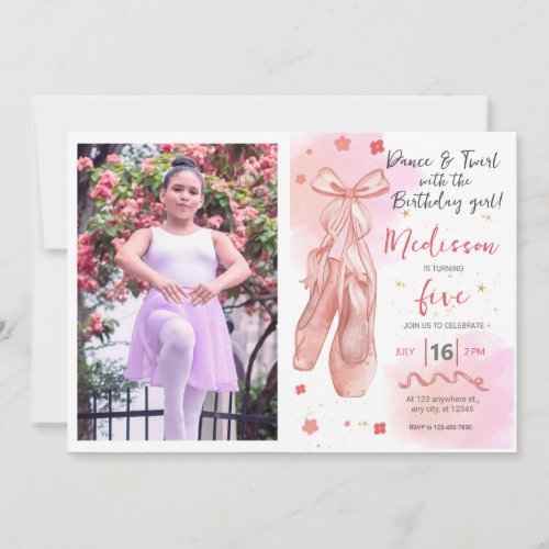 Dance and Twirl Pink girl Custom Photo Birthday Invitation
