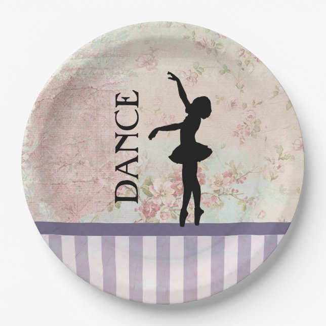 Dance - Ballerina Silhouette on Vintage Background Paper Plates (Front)