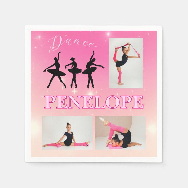 Dance Ballet Pink Gradient 3 Photo Personalized Napkins (Front)