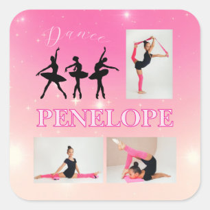 Dance Ballet Pink Gradient 3 Photo Personalized Square Sticker