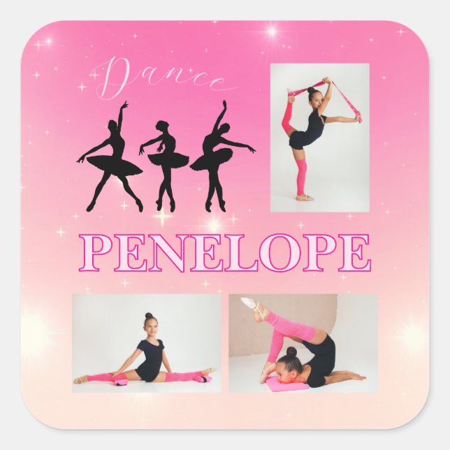 Dance Ballet Pink Gradient 3 Photo Personalized Square Sticker (Front)