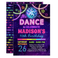 Dance Birthday Girls Neon Disco Dance Party Invitation