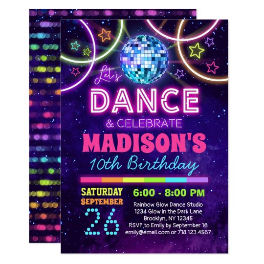 Dance Birthday Girls Neon Disco Dance Party Invitation ...