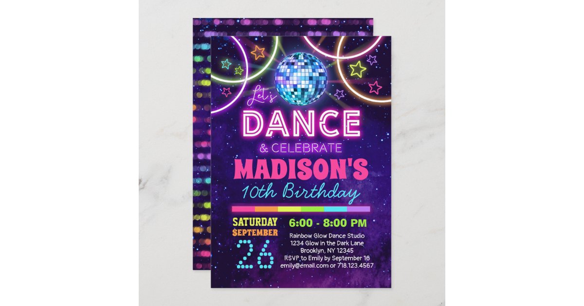 Dance Birthday Girls Neon Disco Dance Party Invitation | Zazzle