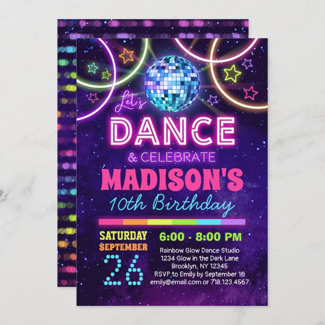 Dance Birthday Girls Neon Disco Dance Party Invitation (Front/Back)