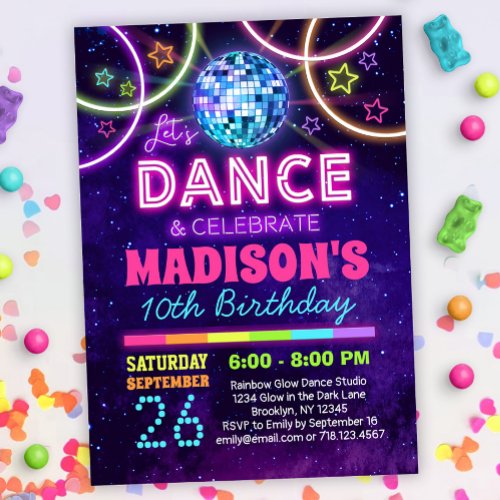 Dance Birthday Girls Neon Disco Dance Party Invitation