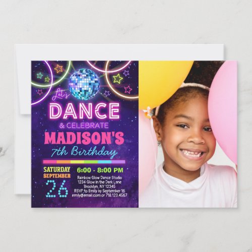 Dance Birthday Girls Neon Disco Dance Party Photo Invitation