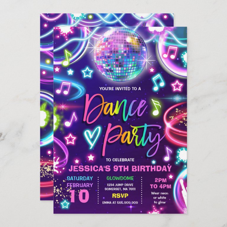 Dance Birthday Party Neon Glow Dance Disco                    Invitation