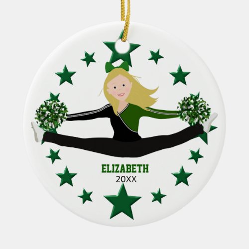 Dance Blonde Cheerleader Green Stars And White Ceramic Ornament