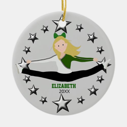 Dance Cheer Blonde Green And White Ceramic Ornament