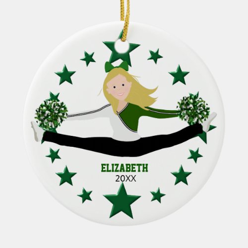 Dance Cheer Blonde Green Stars And White Ceramic Ornament