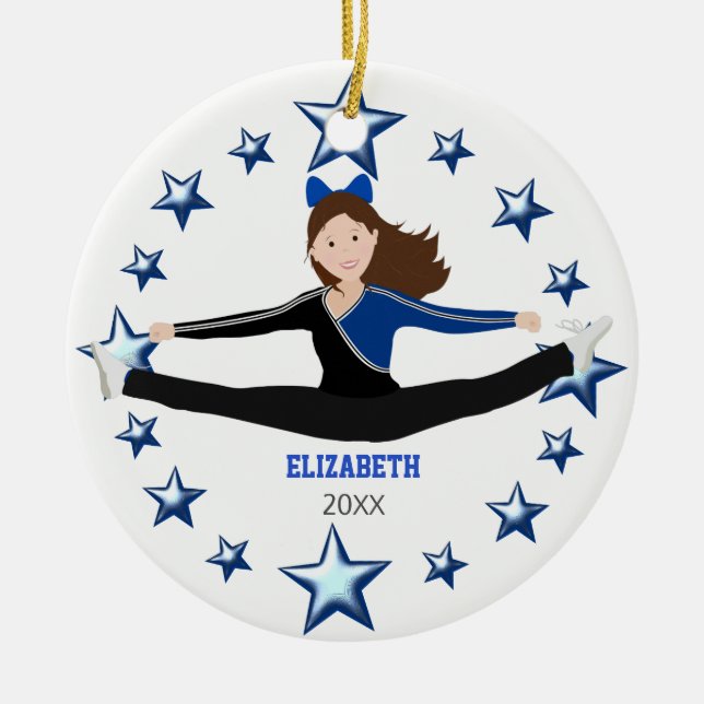 Dance Cheer Brunette Blue And Black Ceramic Ornament (Front)