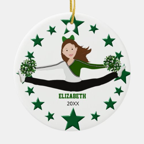 Dance Cheer Brunette Green Stars  White Ceramic Ornament